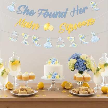 She Found Her Main Squeeze Banner Blue Floral Lemon Bridal Shower Decorations Citrus Diamond Ring Garland for Women Lemonade Bridal Shower Bachelorette Wedding Engagement Party Supplies