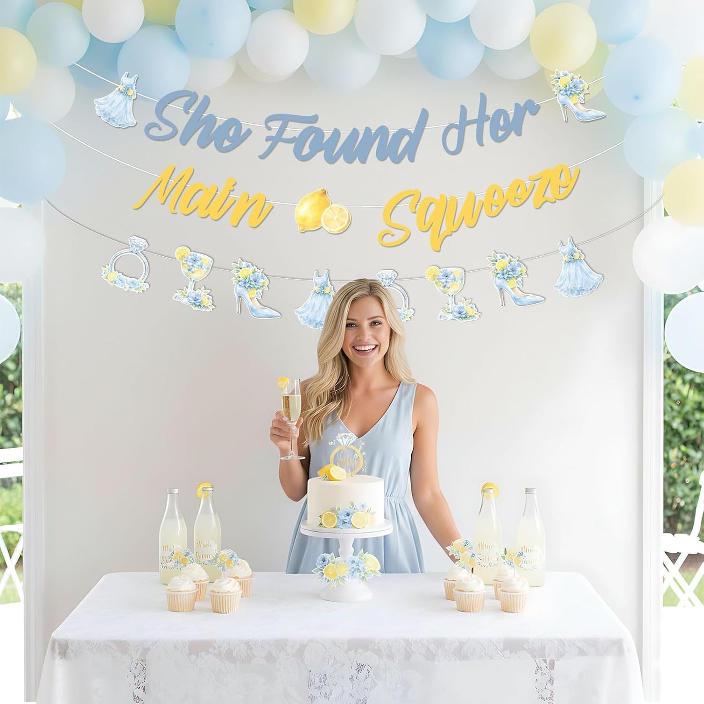 She Found Her Main Squeeze Banner Blue Floral Lemon Bridal Shower Decorations Citrus Diamond Ring Garland for Women Lemonade Bridal Shower Bachelorette Wedding Engagement Party Supplies