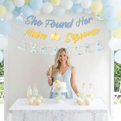 She Found Her Main Squeeze Banner Blue Floral Lemon Bridal Shower Decorations Citrus Diamond Ring Garland for Women Lemonade Bridal Shower Bachelorette Wedding Engagement Party Supplies