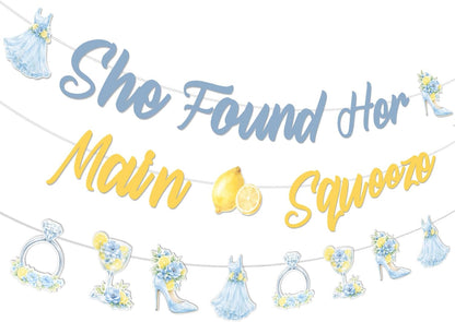 She Found Her Main Squeeze Banner Blue Floral Lemon Bridal Shower Decorations Citrus Diamond Ring Garland for Women Lemonade Bridal Shower Bachelorette Wedding Engagement Party Supplies