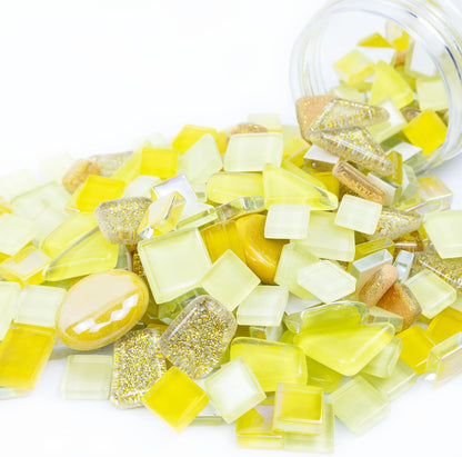 Mosaic Tiles,Glass Mosaic tile,Mosaic Glass Pieces,Glass Mosaic Tiles for Crafts Resin Art,Photo Frames,Vases,DIY lamps Candle Holders Kitchen Countertop Home Decor, 200g (Mixed-Gold Yellow)