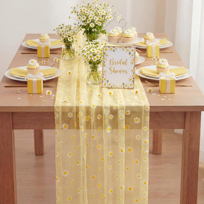 8 Pcs Yellow Daisy Table Runner 29 X70 Inch Yellow Tulle Lace Table Cloth Florals Seasonal Sheer Dining Cover for Daisy Retro Boho Birthday Baby Shower Wedding Holiday Party Home Kitchen Decor