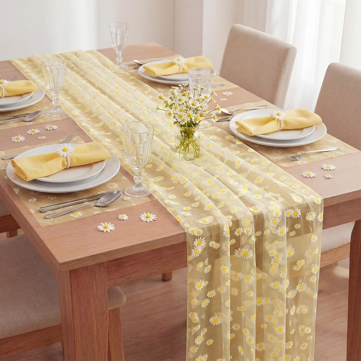 8 Pcs Yellow Daisy Table Runner 29 X70 Inch Yellow Tulle Lace Table Cloth Florals Seasonal Sheer Dining Cover for Daisy Retro Boho Birthday Baby Shower Wedding Holiday Party Home Kitchen Decor