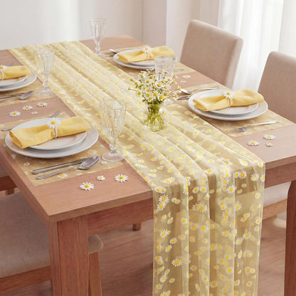 8 Pcs Yellow Daisy Table Runner 29 X70 Inch Yellow Tulle Lace Table Cloth Florals Seasonal Sheer Dining Cover for Daisy Retro Boho Birthday Baby Shower Wedding Holiday Party Home Kitchen Decor
