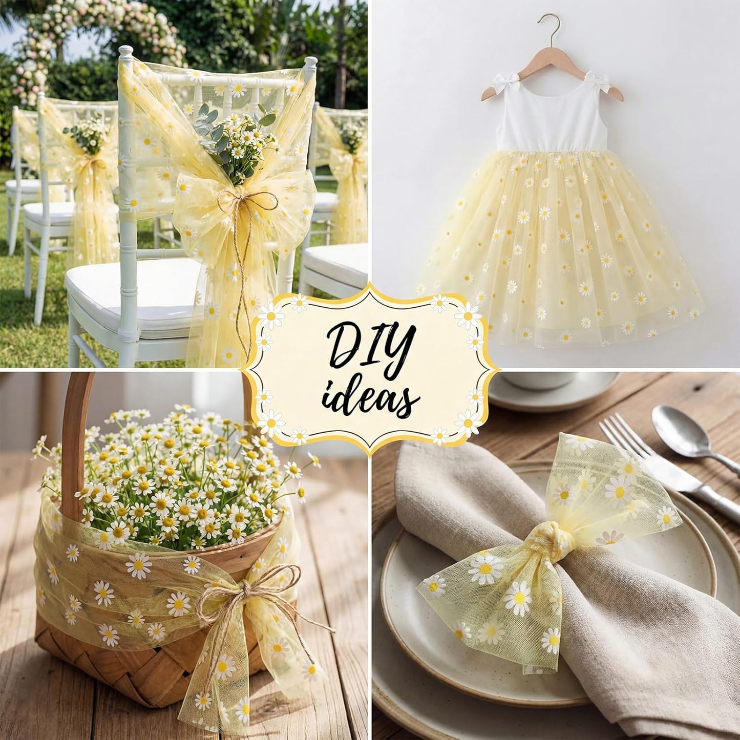8 Pcs Yellow Daisy Table Runner 29 X70 Inch Yellow Tulle Lace Table Cloth Florals Seasonal Sheer Dining Cover for Daisy Retro Boho Birthday Baby Shower Wedding Holiday Party Home Kitchen Decor