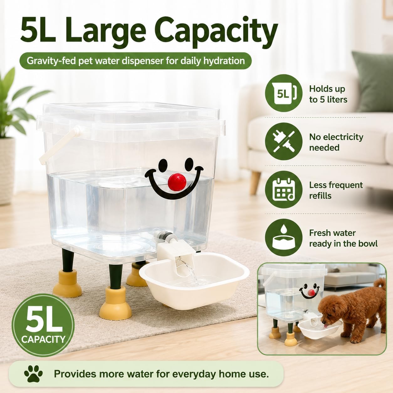 Smile Face Dog Cat Water Feeder Gravity Water Dispenser, 3L/5L Sizes | Transparent Gravity Water Bowl with PP Material, Small Large Cats Dogs, Use Indoor for All Pets (Yellow, 3L/101Oz)