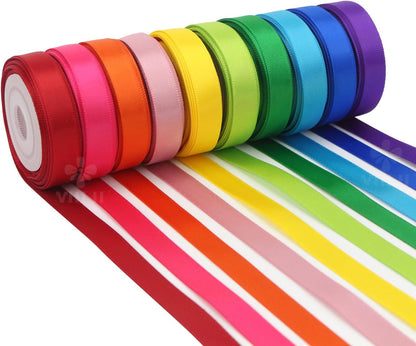 3/8 Inch Satin Ribbon Set – 10 Rolls Rainbow Double Face Ribbon for Gift Wrapping, 5 Yards Each (Total 50 Yards), Decorative Ribbon for Presents & Party Favors