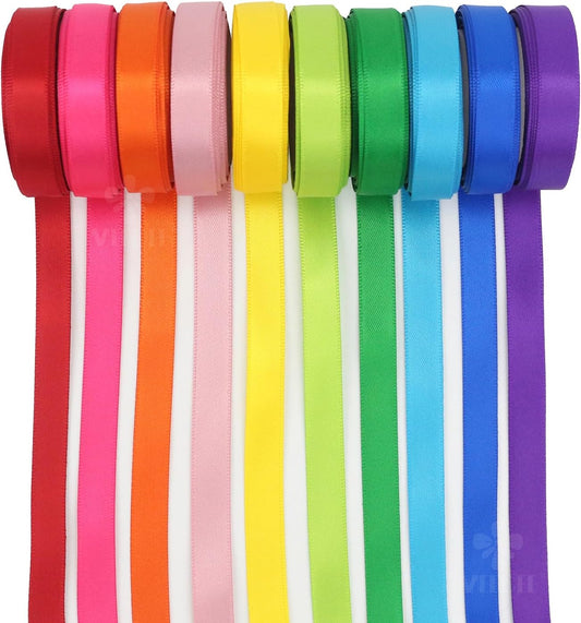 3/8 Inch Satin Ribbon Set – 10 Rolls Rainbow Double Face Ribbon for Gift Wrapping, 5 Yards Each (Total 50 Yards), Decorative Ribbon for Presents & Party Favors