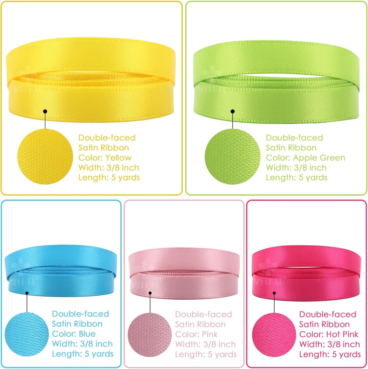 3/8 Inch Satin Ribbon Set – 10 Rolls Rainbow Double Face Ribbon for Gift Wrapping, 5 Yards Each (Total 50 Yards), Decorative Ribbon for Presents & Party Favors
