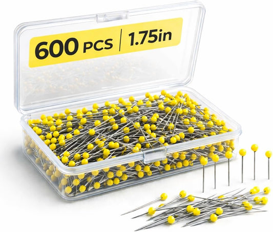 600 PCS Yellow Glass Head Sewing Pins, 1.75 Inch Long Pins for Quilting | Yellow glass head pins with durable steel shafts, perfect for sewing, quilting, fabric crafts, DIY projects and daily repairs