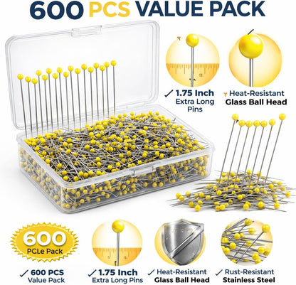 600 PCS Yellow Glass Head Sewing Pins, 1.75 Inch Long Pins for Quilting | Yellow glass head pins with durable steel shafts, perfect for sewing, quilting, fabric crafts, DIY projects and daily repairs