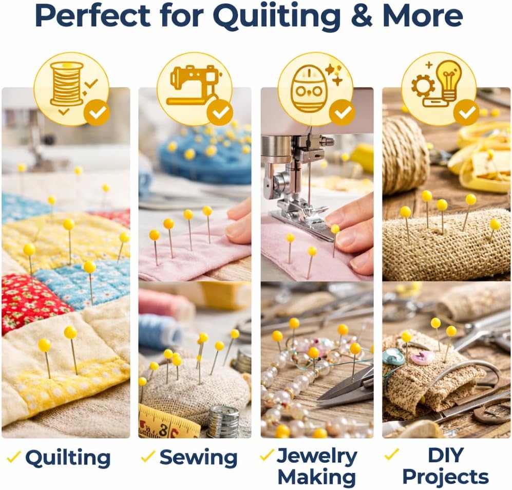 600 PCS Yellow Glass Head Sewing Pins, 1.75 Inch Long Pins for Quilting | Yellow glass head pins with durable steel shafts, perfect for sewing, quilting, fabric crafts, DIY projects and daily repairs