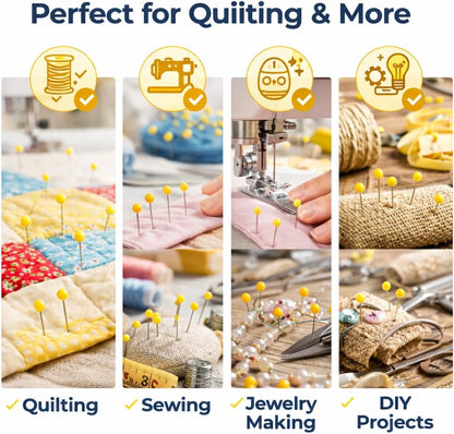 600 PCS Yellow Glass Head Sewing Pins, 1.75 Inch Long Pins for Quilting | Yellow glass head pins with durable steel shafts, perfect for sewing, quilting, fabric crafts, DIY projects and daily repairs