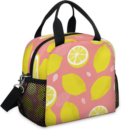 Lemon Fruits Pink Lunch Bag - Leak proof Reusable Lunch Box, Suitable for Picnicking, Office, Beach, Hiking, Insulated and Refrigerated Handbag - Suitable for Men and Women