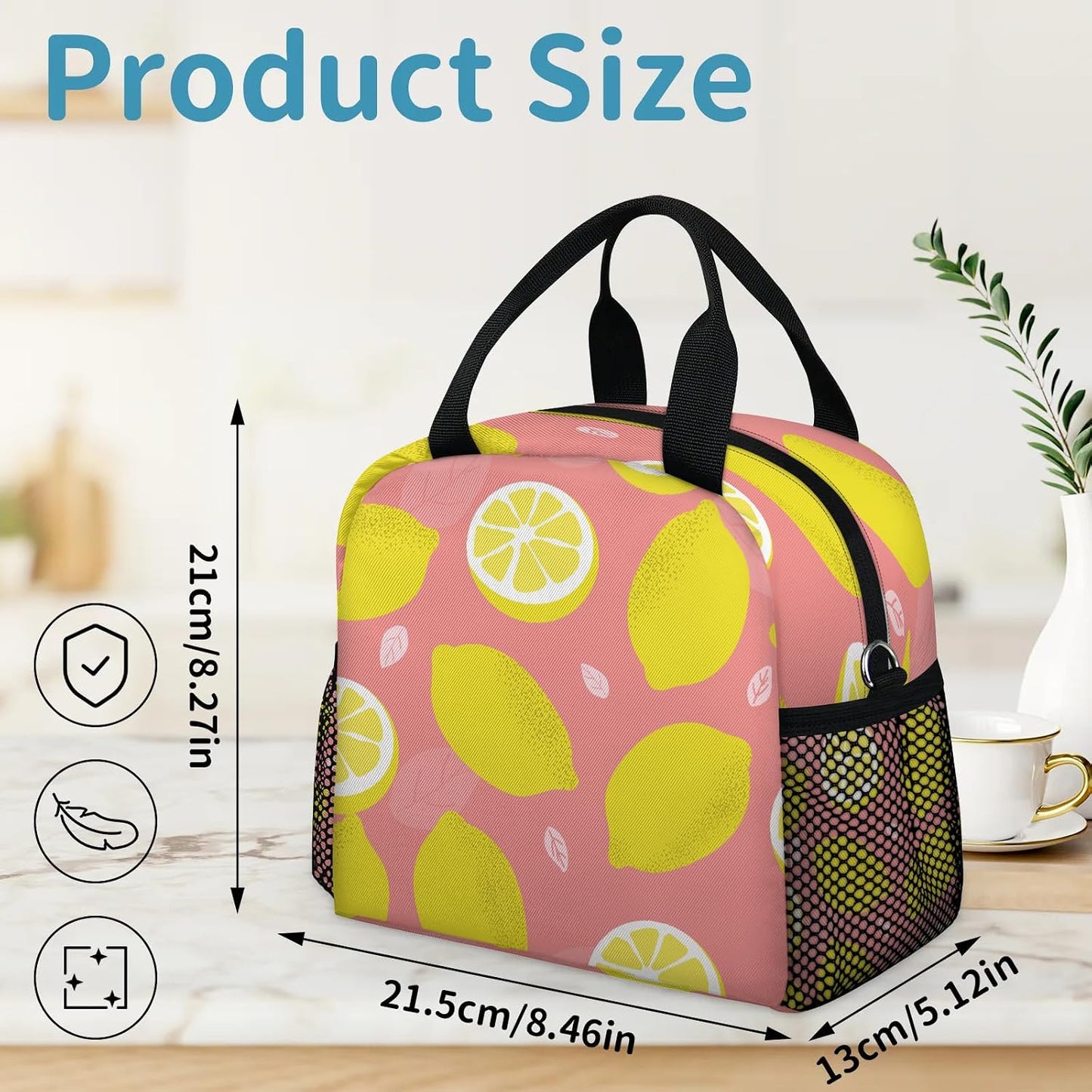 Lemon Fruits Pink Lunch Bag - Leak proof Reusable Lunch Box, Suitable for Picnicking, Office, Beach, Hiking, Insulated and Refrigerated Handbag - Suitable for Men and Women