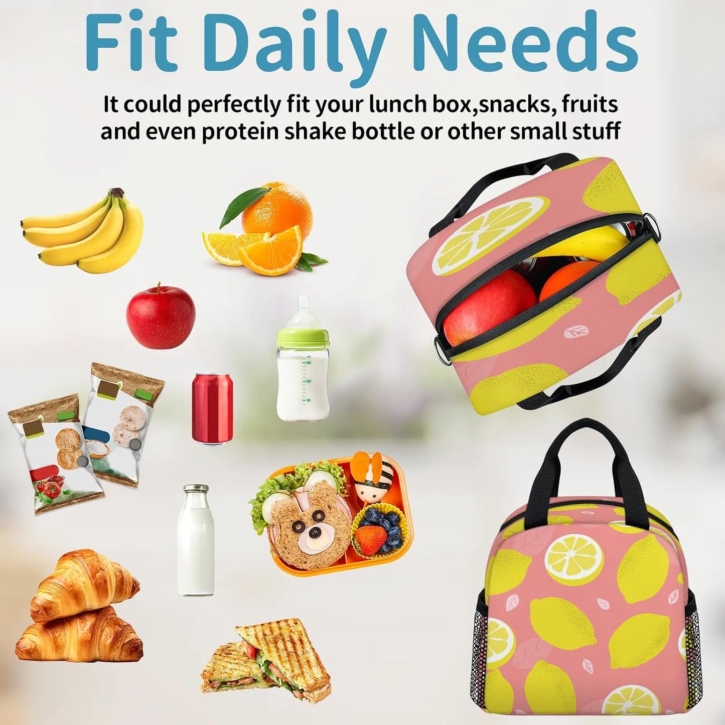 Lemon Fruits Pink Lunch Bag - Leak proof Reusable Lunch Box, Suitable for Picnicking, Office, Beach, Hiking, Insulated and Refrigerated Handbag - Suitable for Men and Women