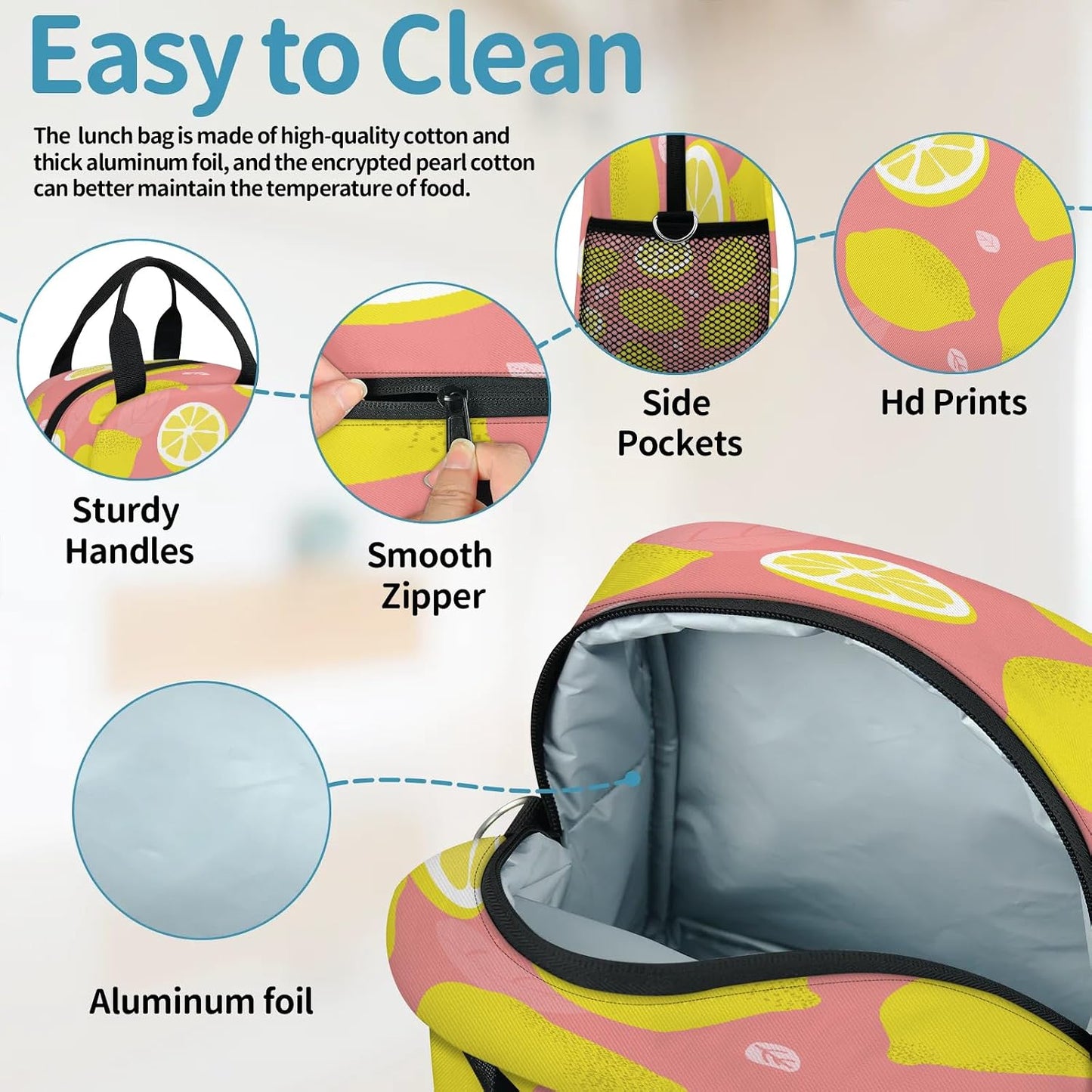 Lemon Fruits Pink Lunch Bag - Leak proof Reusable Lunch Box, Suitable for Picnicking, Office, Beach, Hiking, Insulated and Refrigerated Handbag - Suitable for Men and Women