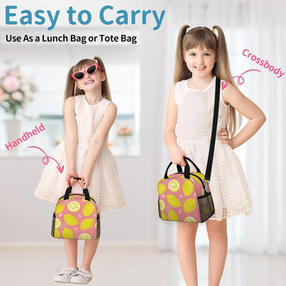 Lemon Fruits Pink Lunch Bag - Leak proof Reusable Lunch Box, Suitable for Picnicking, Office, Beach, Hiking, Insulated and Refrigerated Handbag - Suitable for Men and Women