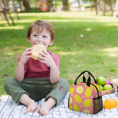Lemon Fruits Pink Lunch Bag - Leak proof Reusable Lunch Box, Suitable for Picnicking, Office, Beach, Hiking, Insulated and Refrigerated Handbag - Suitable for Men and Women