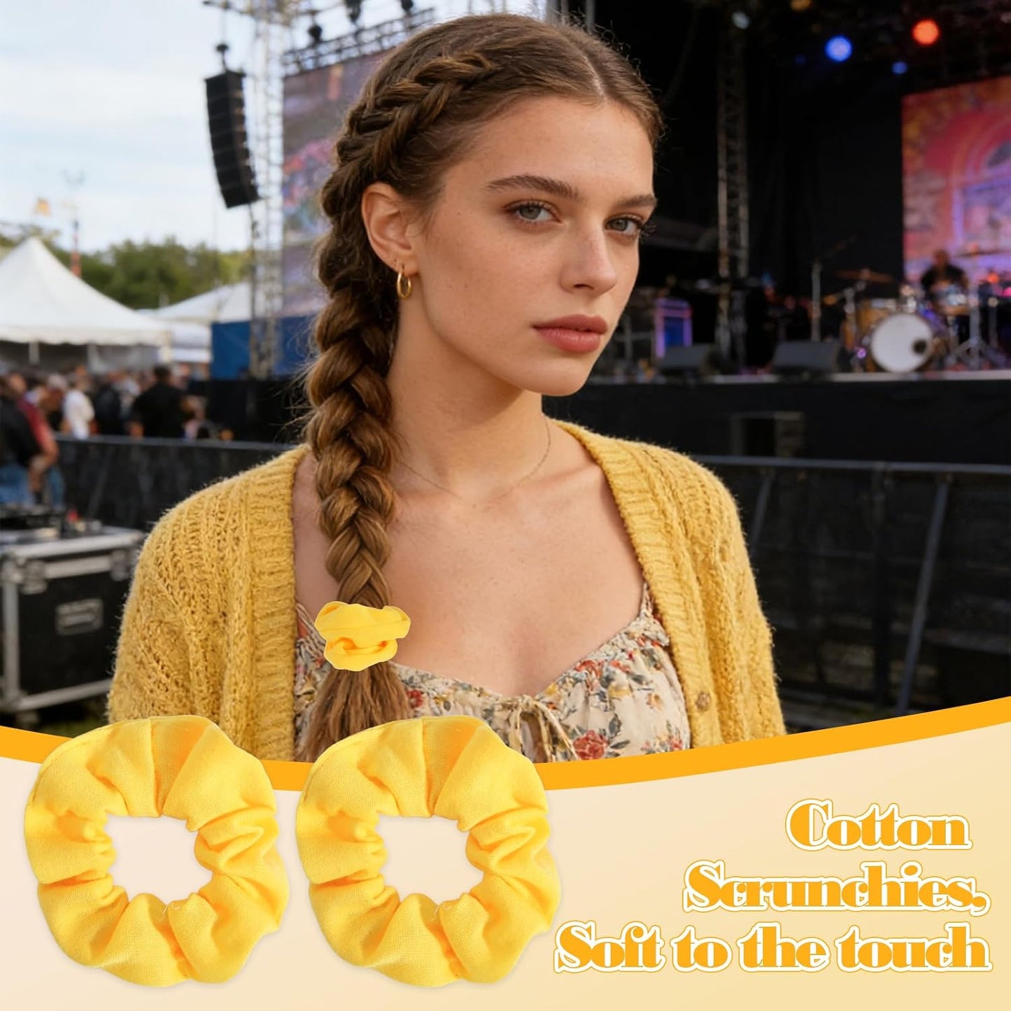 Yellow Hair Scrunchies, Soft Elastic Hair Ties for Women and Girls, No Damage Ponytail Holders for Daily Wear, Gym, Parties & Gifts, 2 Pack