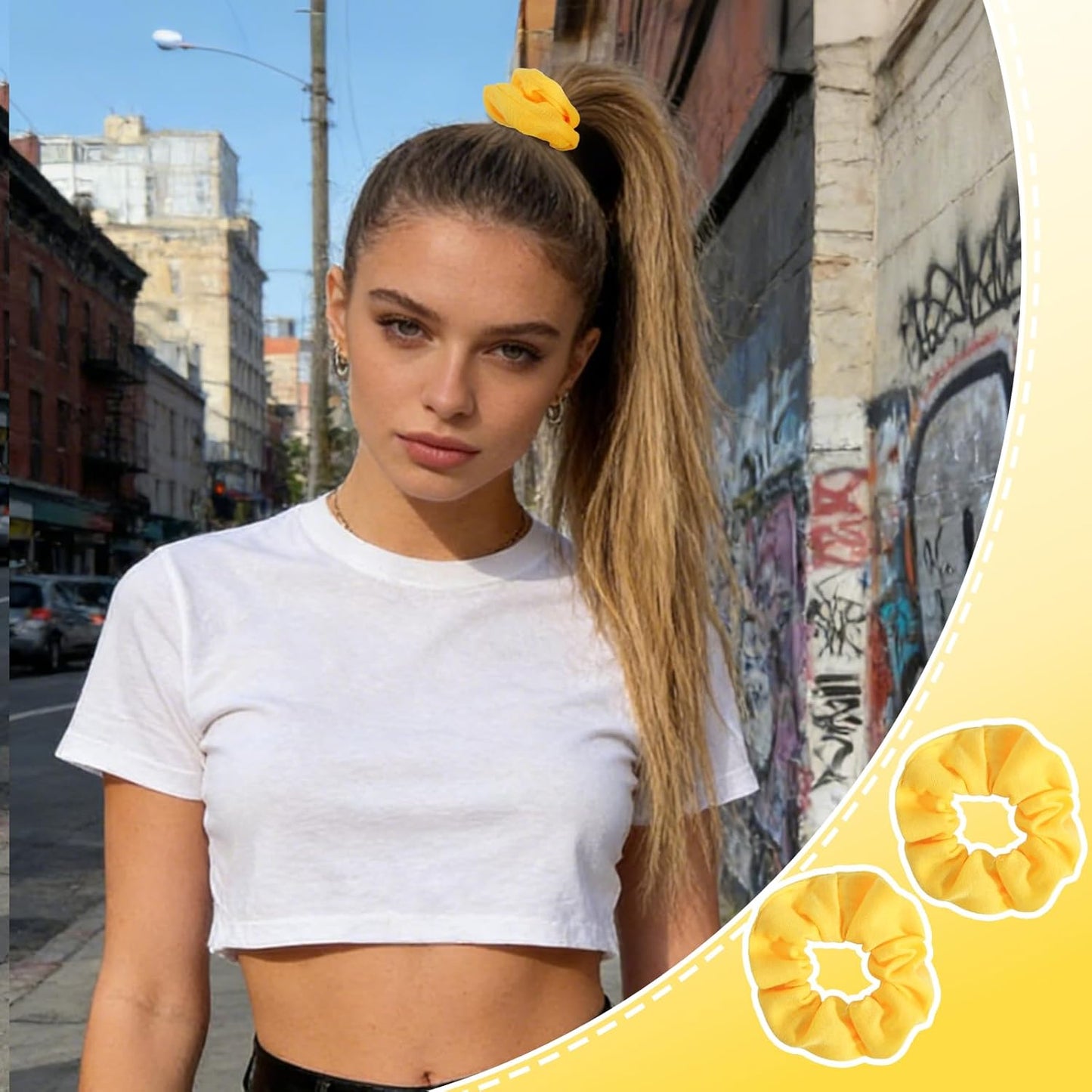 Yellow Hair Scrunchies, Soft Elastic Hair Ties for Women and Girls, No Damage Ponytail Holders for Daily Wear, Gym, Parties & Gifts, 2 Pack