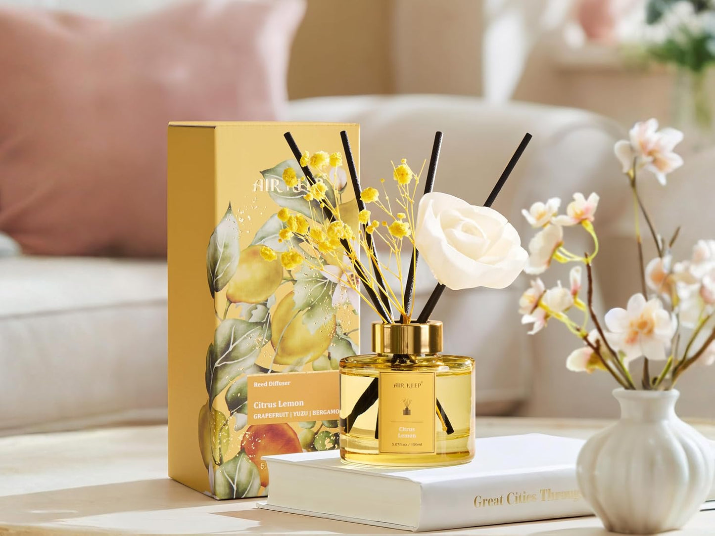 Flower Reed Diffuser Set, Citrus Lemon Diffuser Set, 5.07 Fl.oz (150ml), Home Fragrance, Bathroom, Bedroom & Home Décor, Air Freshener