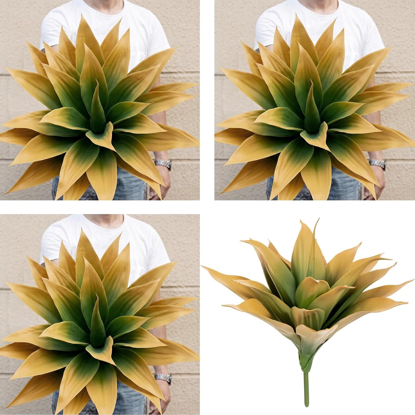 3 Pcs Artificial Agave Plant Outdoor Fake Succulent | 15.75 Inch Yellow Faux Succulents, UV Resistant Fall Agave Outdoor, Front Porch Patio Decor, Large Artificial Fall Plants