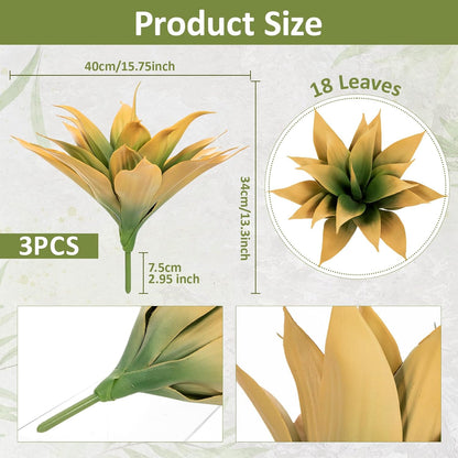 3 Pcs Artificial Agave Plant Outdoor Fake Succulent | 15.75 Inch Yellow Faux Succulents, UV Resistant Fall Agave Outdoor, Front Porch Patio Decor, Large Artificial Fall Plants