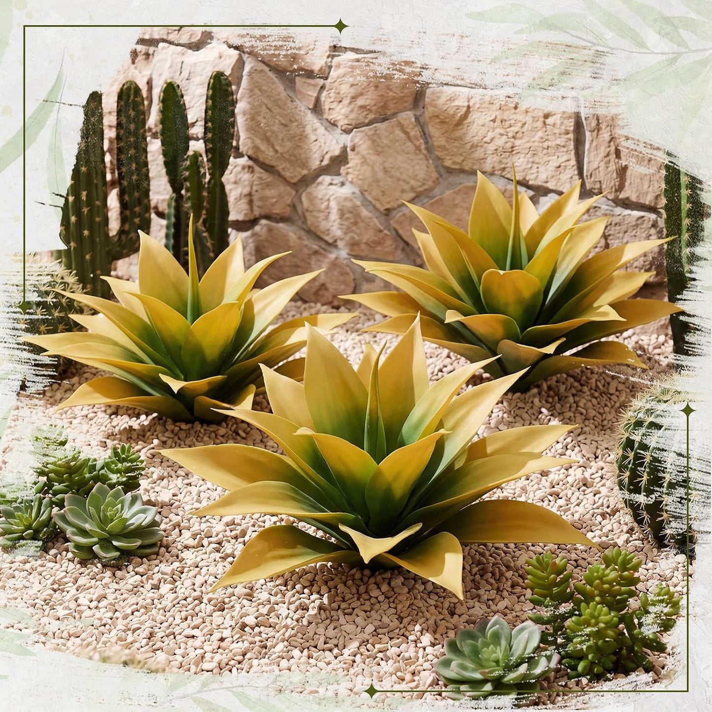 3 Pcs Artificial Agave Plant Outdoor Fake Succulent | 15.75 Inch Yellow Faux Succulents, UV Resistant Fall Agave Outdoor, Front Porch Patio Decor, Large Artificial Fall Plants