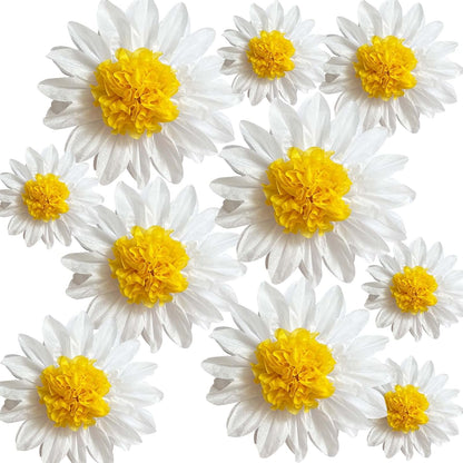 Daisy Tissue Paper Pom Poms Party Decorations White Yellow 12" 8" | Flowers Wall Hanging 1st Birthday Bridal Baby Shower Wedding Classroom Décor, Pack of 10