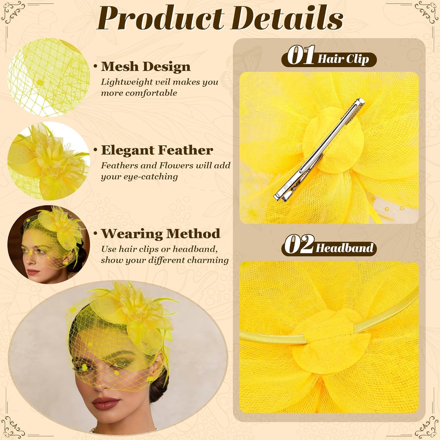 Fascinators Hats for Women Tea Party Hat Floral Feathers Mesh Headwear Lace Headband Veil Hair Clip Cocktail Wedding Church