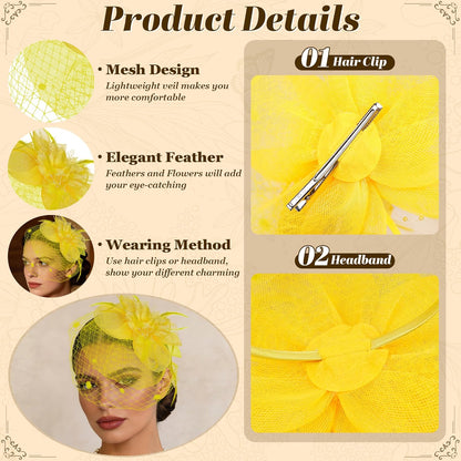 Fascinators Hats for Women Tea Party Hat Floral Feathers Mesh Headwear Lace Headband Veil Hair Clip Cocktail Wedding Church