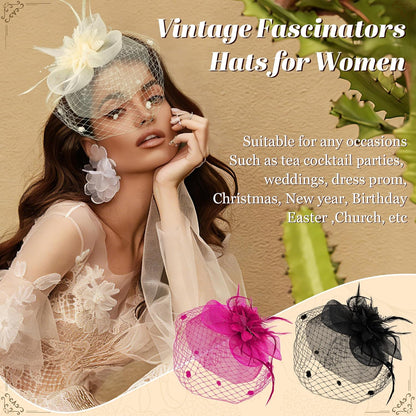 Fascinators Hats for Women Tea Party Hat Floral Feathers Mesh Headwear Lace Headband Veil Hair Clip Cocktail Wedding Church