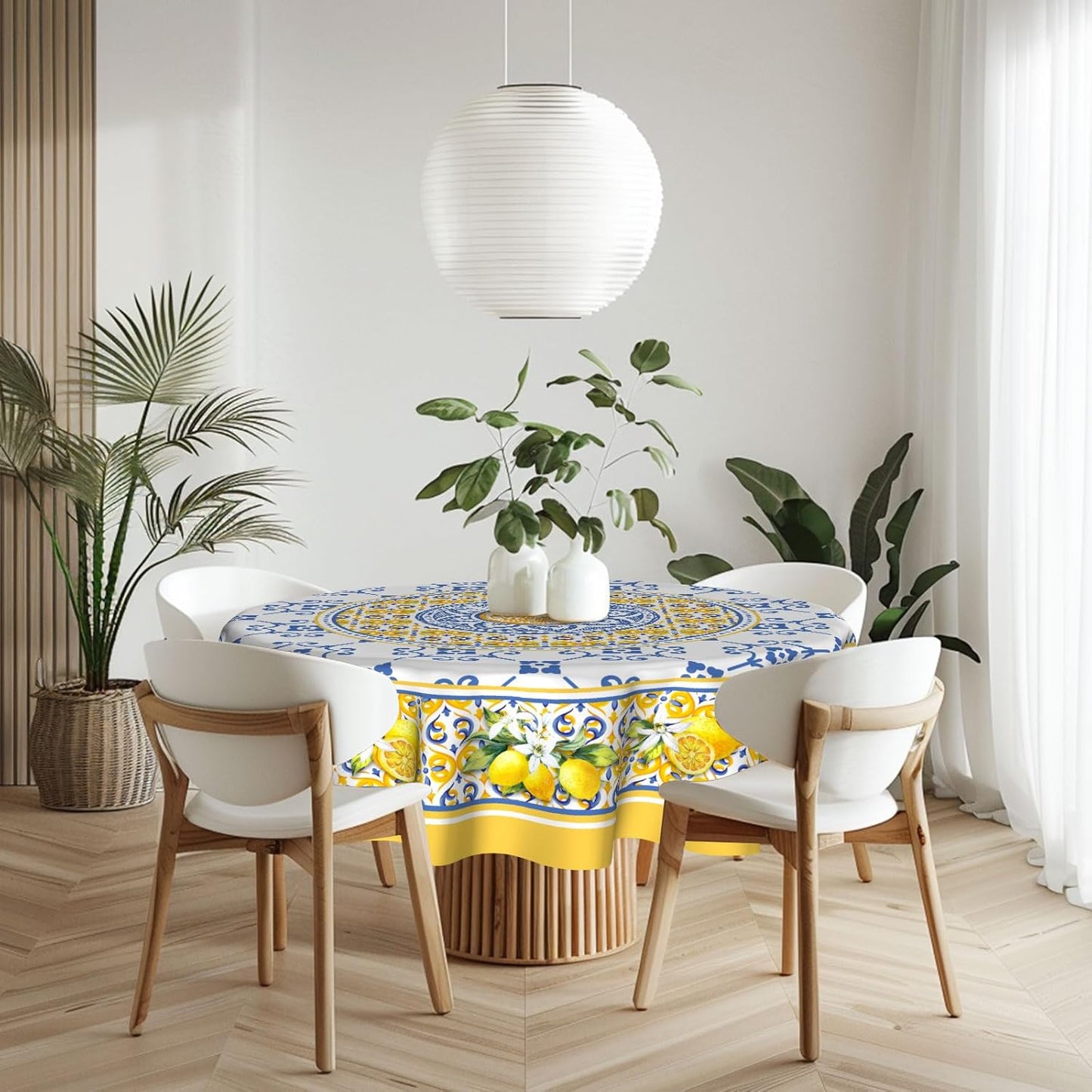 Lemon Yellow Fruit Flowers Round Tablecloth 60 Inch Boho Floral Fabric Tablecover Washable Spring Summer Tablecloth for Picnic Dinner Table Decor