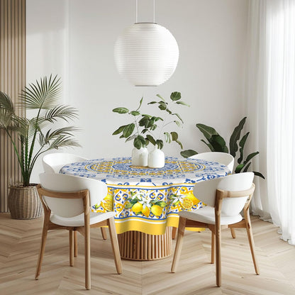 Lemon Yellow Fruit Flowers Round Tablecloth 60 Inch Boho Floral Fabric Tablecover Washable Spring Summer Tablecloth for Picnic Dinner Table Decor