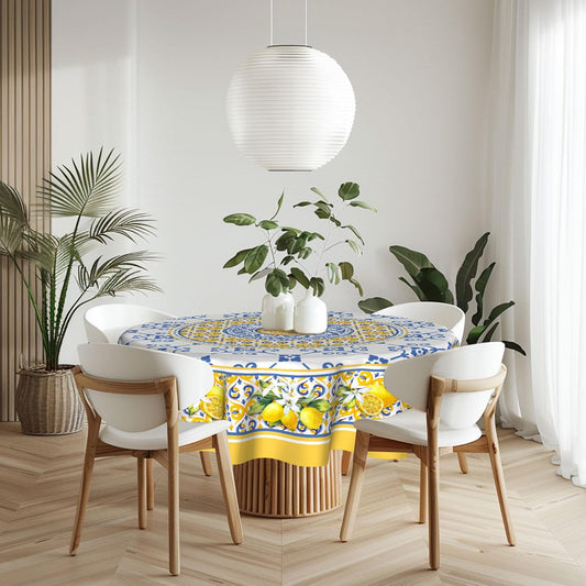 Lemon Yellow Fruit Flowers Round Tablecloth 60 Inch Boho Floral Fabric Tablecover Washable Spring Summer Tablecloth for Picnic Dinner Table Decor