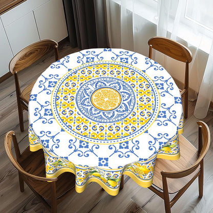 Lemon Yellow Fruit Flowers Round Tablecloth 60 Inch Boho Floral Fabric Tablecover Washable Spring Summer Tablecloth for Picnic Dinner Table Decor