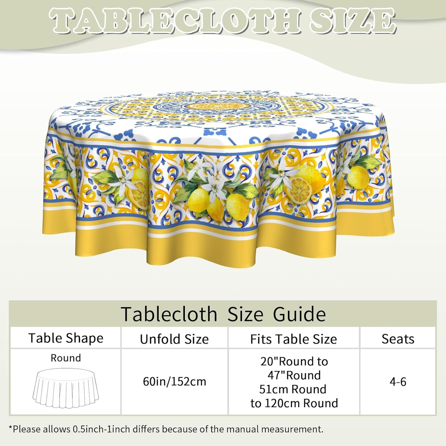 Lemon Yellow Fruit Flowers Round Tablecloth 60 Inch Boho Floral Fabric Tablecover Washable Spring Summer Tablecloth for Picnic Dinner Table Decor