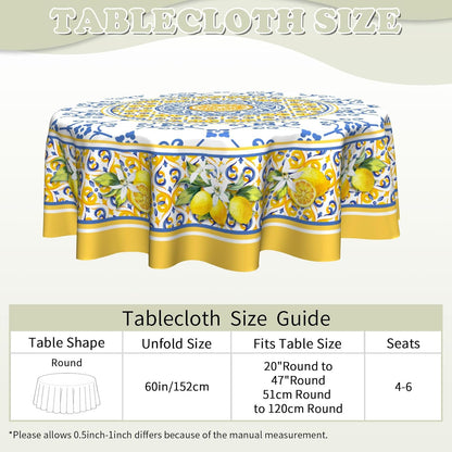 Lemon Yellow Fruit Flowers Round Tablecloth 60 Inch Boho Floral Fabric Tablecover Washable Spring Summer Tablecloth for Picnic Dinner Table Decor