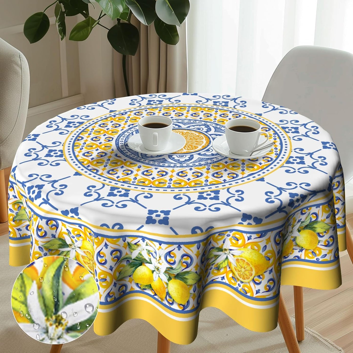 Lemon Yellow Fruit Flowers Round Tablecloth 60 Inch Boho Floral Fabric Tablecover Washable Spring Summer Tablecloth for Picnic Dinner Table Decor