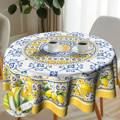 Lemon Yellow Fruit Flowers Round Tablecloth 60 Inch Boho Floral Fabric Tablecover Washable Spring Summer Tablecloth for Picnic Dinner Table Decor