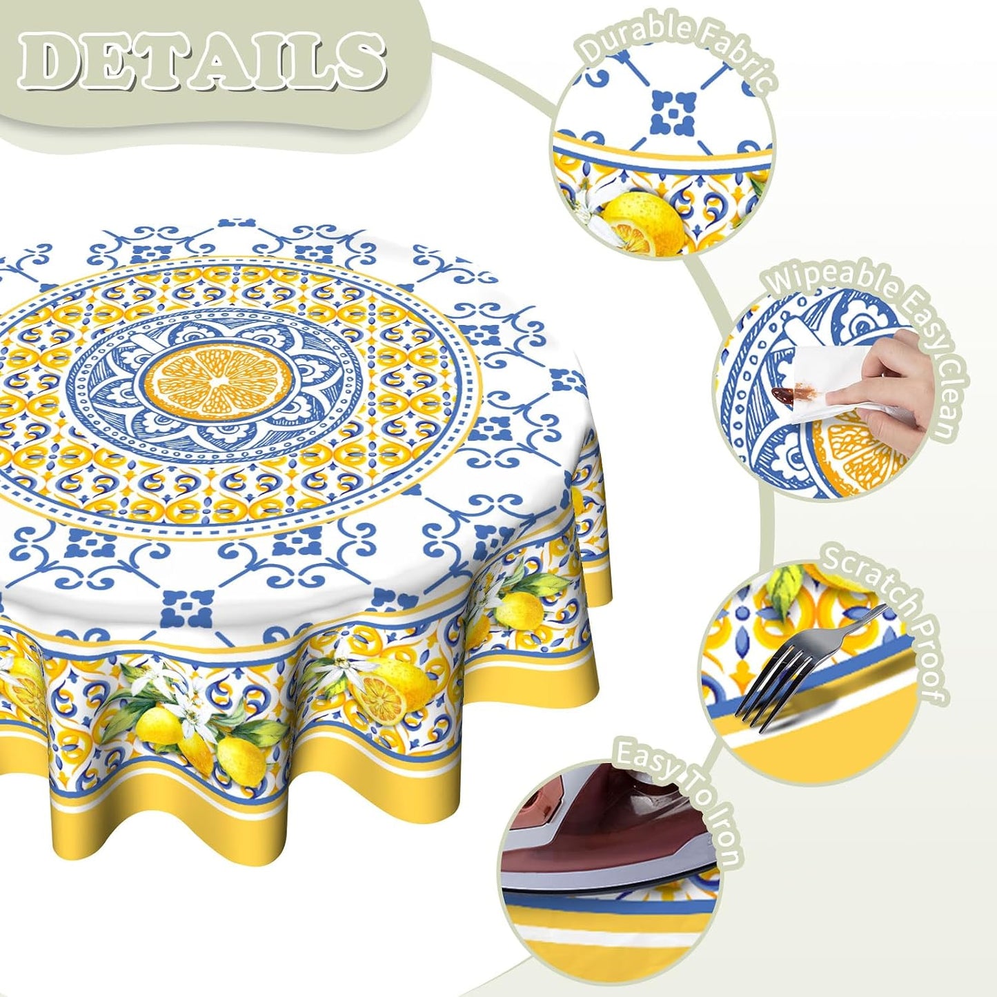 Lemon Yellow Fruit Flowers Round Tablecloth 60 Inch Boho Floral Fabric Tablecover Washable Spring Summer Tablecloth for Picnic Dinner Table Decor