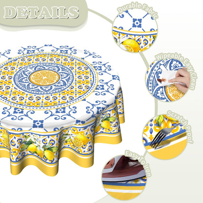 Lemon Yellow Fruit Flowers Round Tablecloth 60 Inch Boho Floral Fabric Tablecover Washable Spring Summer Tablecloth for Picnic Dinner Table Decor