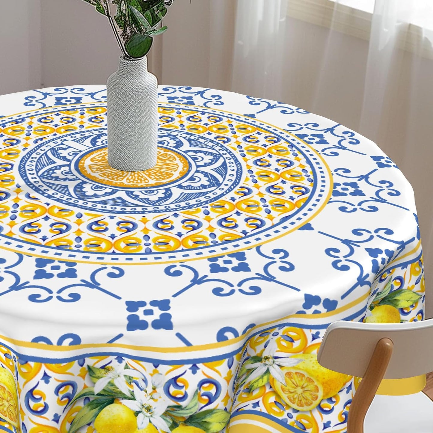 Lemon Yellow Fruit Flowers Round Tablecloth 60 Inch Boho Floral Fabric Tablecover Washable Spring Summer Tablecloth for Picnic Dinner Table Decor
