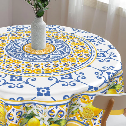 Lemon Yellow Fruit Flowers Round Tablecloth 60 Inch Boho Floral Fabric Tablecover Washable Spring Summer Tablecloth for Picnic Dinner Table Decor