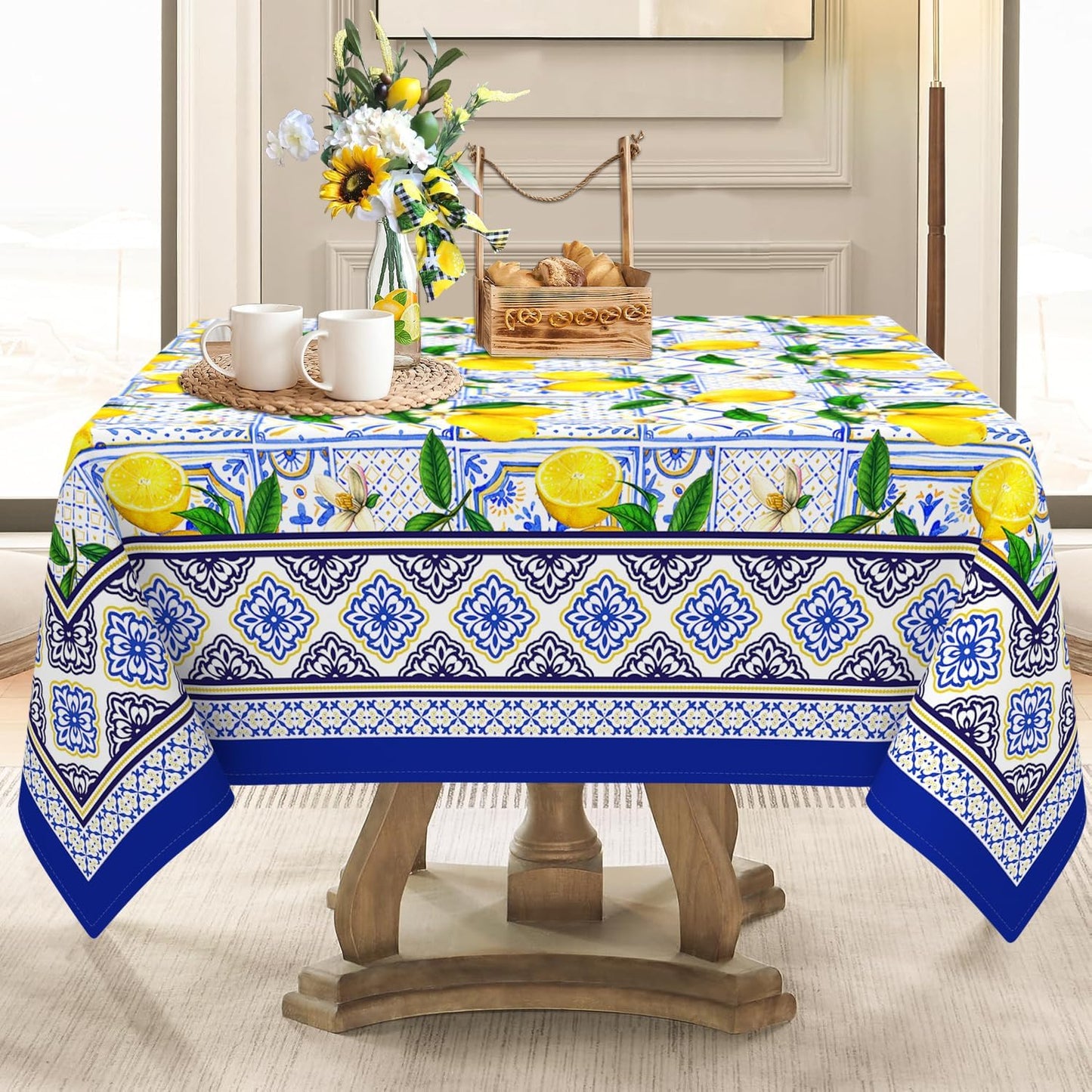 Small Square Tablecloth 52x52 Inch, Stain Resistant Wrinkle Free Card Table Tablecloth Summer Lemon Blue Square Table Cloth Cover for Dinner Party Picnic Decor