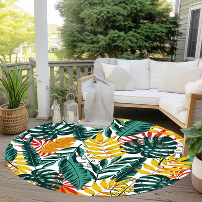 Summer Autumn Theme Tropical Palm Leaves Round Outdoor Area Rug 3ft Blue Yellow Reversible Circle Carpet for RV Camping Backyard Garden Patio Deck Balcony Porch Indoor Kitchen Bedroom Rug Mat