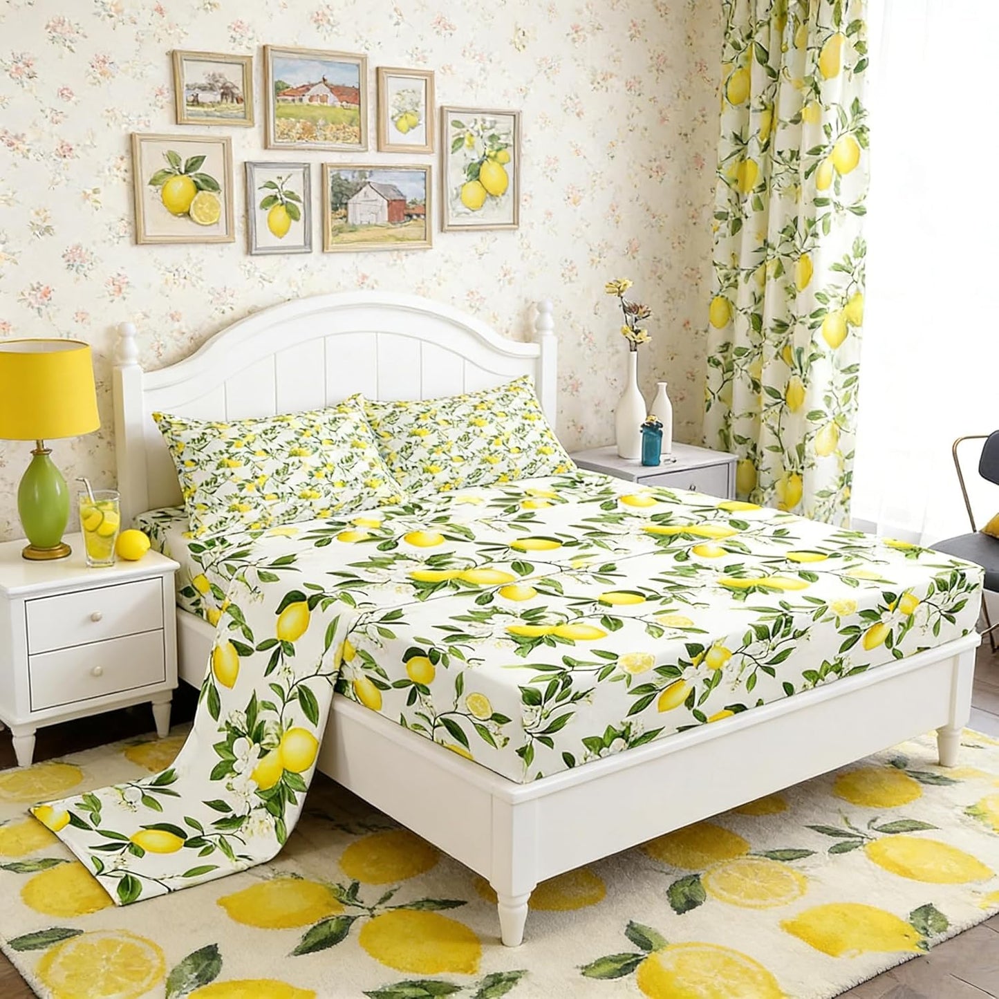 Lemon Bottom Sheet Queen,Summer Fruits Bedding Set for Kids Teens Adults Girls Room Decor,Green Leaves Plants Sheet Set Fresh Nature Yellow White 4pcs Fitted Sheet+Flat Sheet+2 Pillowcases