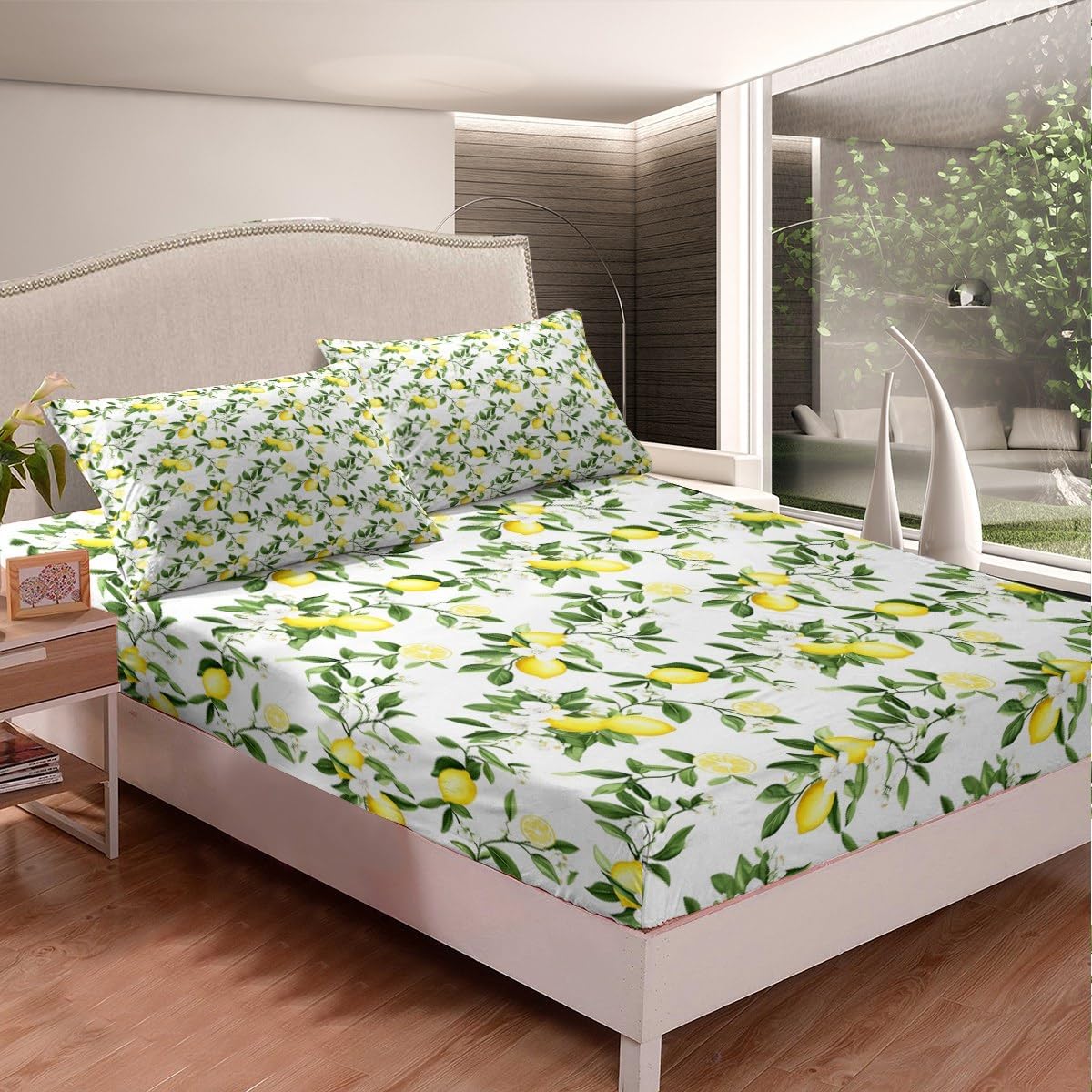 Lemon Bottom Sheet Queen,Summer Fruits Bedding Set for Kids Teens Adults Girls Room Decor,Green Leaves Plants Sheet Set Fresh Nature Yellow White 4pcs Fitted Sheet+Flat Sheet+2 Pillowcases