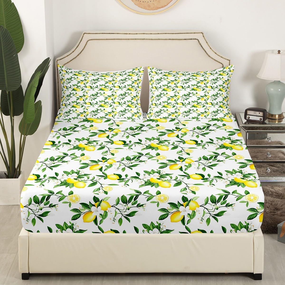 Lemon Bottom Sheet Queen,Summer Fruits Bedding Set for Kids Teens Adults Girls Room Decor,Green Leaves Plants Sheet Set Fresh Nature Yellow White 4pcs Fitted Sheet+Flat Sheet+2 Pillowcases